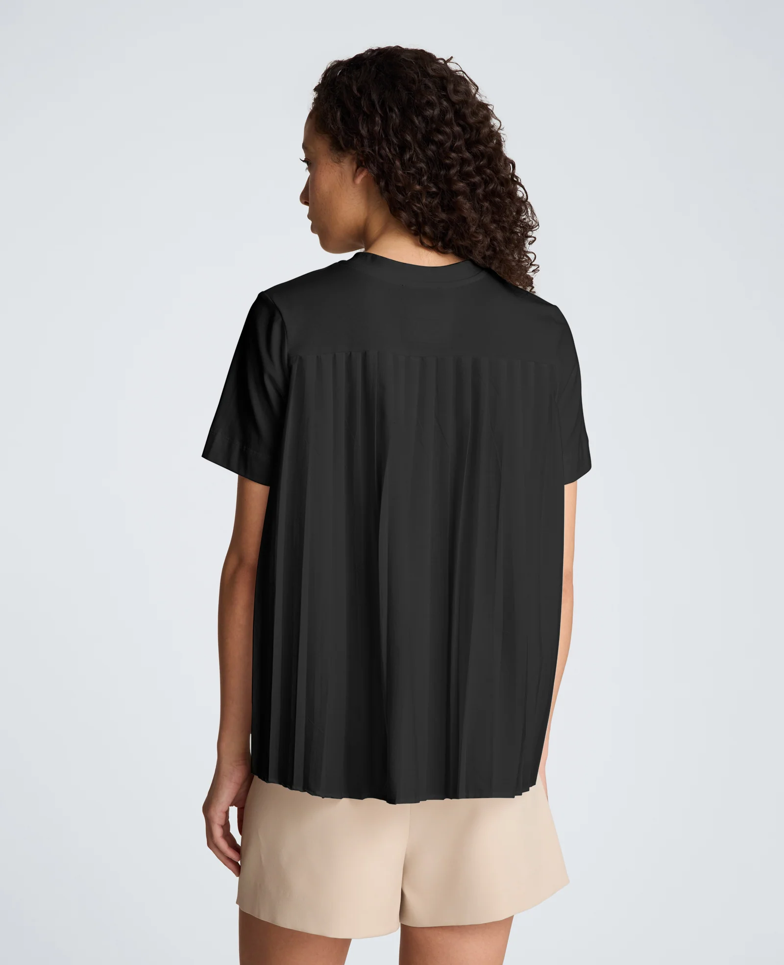 Short Sleeve Crewneck Tee with Pleated Asymmetrical Hem - Image 2