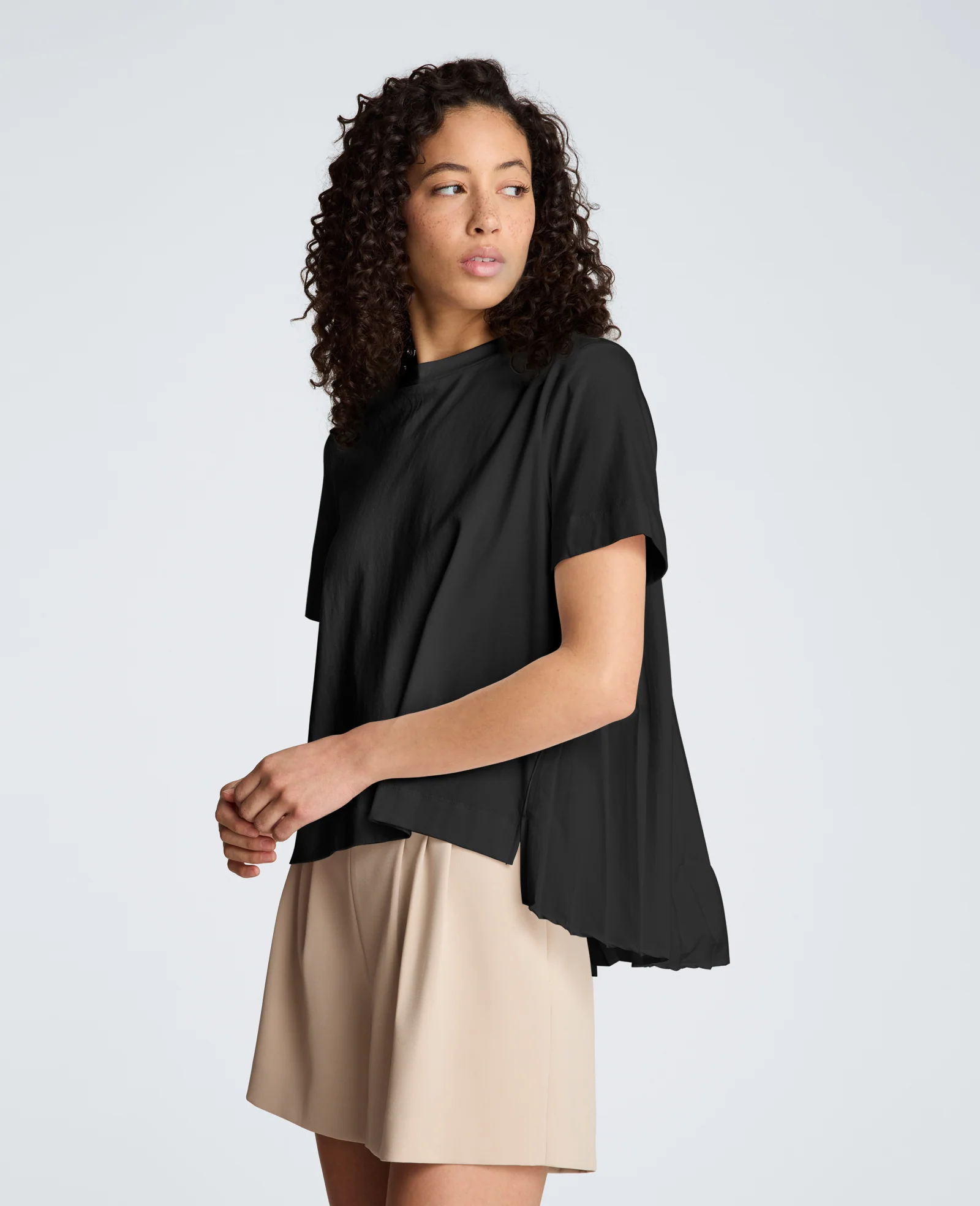 Short Sleeve Crewneck Tee with Pleated Asymmetrical Hem - Image 3
