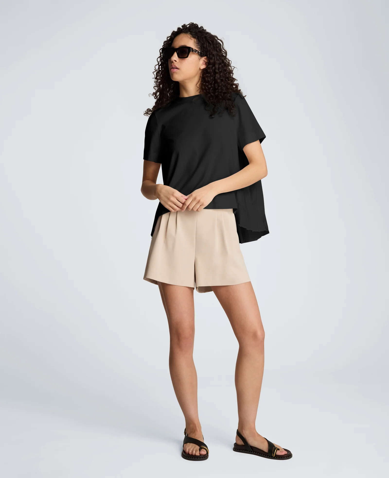 Short Sleeve Crewneck Tee with Pleated Asymmetrical Hem - Image 5
