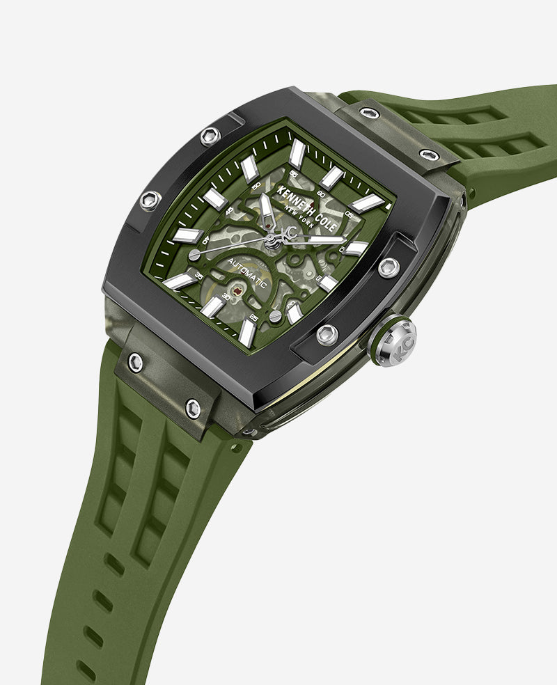 Skeleton Automatic Green Silicone Strap Watch - Image 2